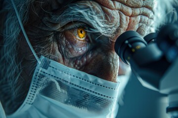 Poster - A man with a mask on his face is looking through a microscope