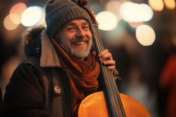 Wall Mural - Joyful grin of a street musician, warm street light, with copy space