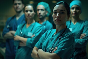 Wall Mural - A group of doctors are standing together in a hospital setting