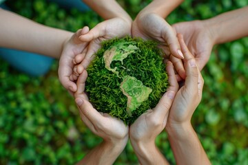 A group of people holding a green globe in their hands