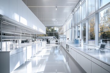 Poster - A large, clean, and empty lab with a lot of white cabinets and counters