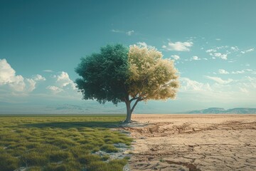 A tree is shown in two different colors, one green and one brown