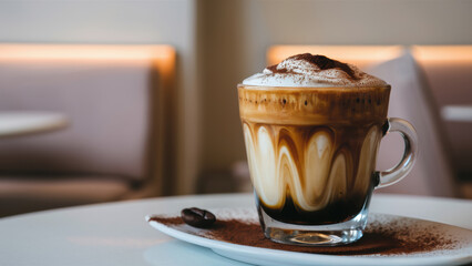 Wall Mural - A cup of coffee with whipped cream and chocolate on a plate, AI