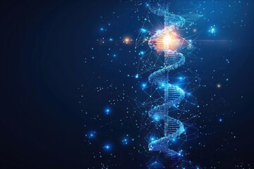 Poster - A blue and white image of a DNA strand with a yellow dot in the middle