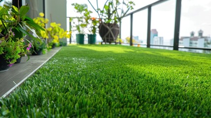 A balcony garden with artificial grass flooring