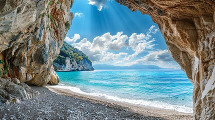 Aegean coast of Greece with a view of the idyllic beach A sea cave, Generative AI.