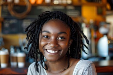 Wall Mural - Portrait of a smiling young African American woman in a cafe