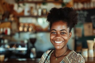 Wall Mural - Portrait of a smiling young African American woman in a cafe