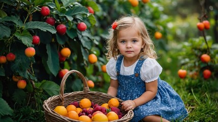 Portrait of a girl with fruits in the garden, berries and vitamins around the girl's face