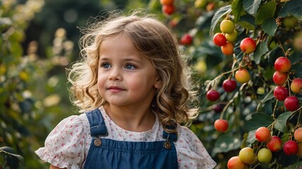 Portrait of a girl with fruits in the garden, berries and vitamins around the girl's face