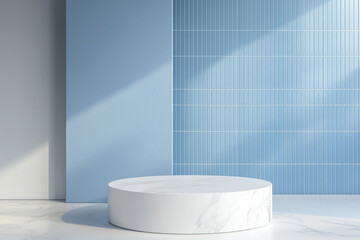 Round podium for advertising a product against a blue tiled wall of a bathroom