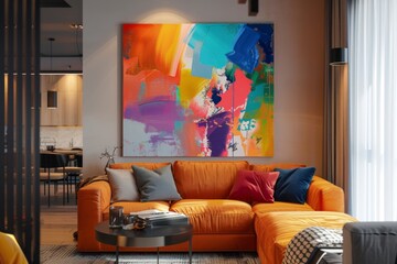 Abstract painting with vibrant colors in a living room