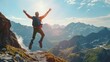 © Gia - Hiker jumping victoriously on mountain top in sunlight