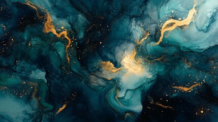 Abstract Teal and Gold Swirls with Scattered Gold Specks