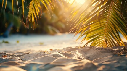 Wall Mural - Sand with blurred Palm and tropical beach bokeh background, Summer vacation and travel concept. Copy space, generative ai