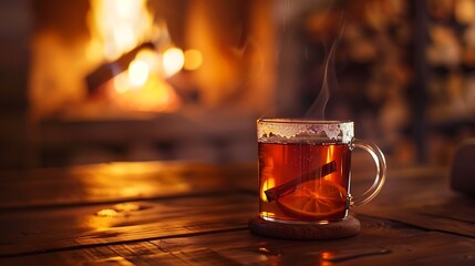 Wall Mural - Mulled tea on table in front of burning fireplace