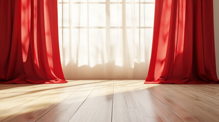 Wall Mural - Red Curtains Draped on Light Wooden Floor With Sunlight