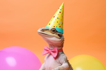 Wall Mural - Creative photos of an animal with a hat and colored background to celebrate birthdays