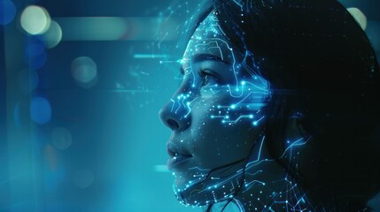 Wall Mural - Female face with glowing blue lines, Artificial intelligence concept. AI generated