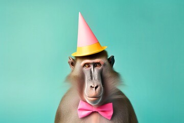 Wall Mural - Creative photos of an animal with a hat and colored background to celebrate birthdays