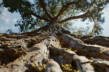 Sticker - Looking Up at a Majestic Tree with Sunlight Filtering Through the Branches.