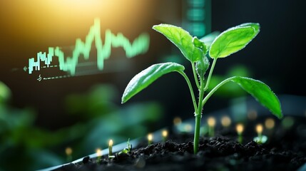 Poster - Green Sprout Growing in Front of Stock Market Data