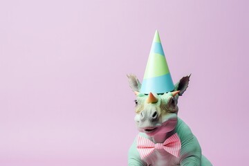 Wall Mural - Creative photos of an animal with a hat and colored background to celebrate birthdays