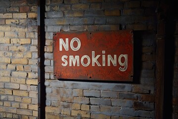 Vintage no smoking enamel sign on brick wall, with copy space