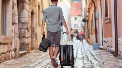 a traveler walking down a cobblestone street, pulling a suitcase behind them.