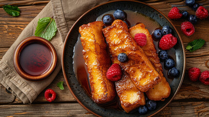 Wall Mural - French toast with berries and syrup on a rustic wooden table.