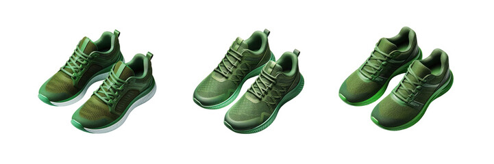 Set of green running sneakers, mockup, isolated over on transparent white background