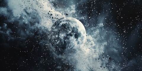 Wall Mural - A large, white moon is surrounded by a cloud of debris. Concept of chaos and destruction, as the moon is being bombarded by countless pieces of space debris. The scene is both beautiful and terrifying