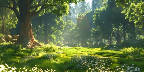 Wall Mural - A lush green forest with a large tree in the foreground. The sunlight is shining through the trees, creating a peaceful and serene atmosphere