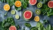 © Only AI Studio - Fresh citrus fruits and leafy greens arranged on a gray background, showcasing vibrant colors and healthy ingredients.