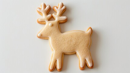 Sticker - Closeup of a reindeer-shaped Christmas cookie with minimal icing, placed on a plain white surface 