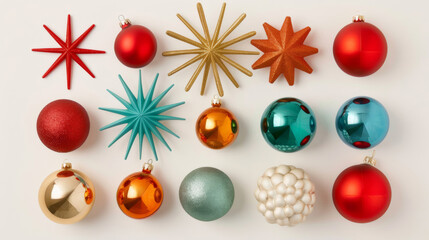 Poster - Collection of mid-century modern Christmas tree decorations including atomic starbursts and space-age designs isolated on a white background 