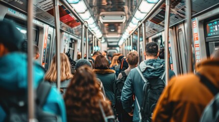 People standing in a crowded subway car.