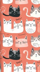 Naklejka na meble A playful array of illustrated cats with different expressions and designs overlap on a coral background