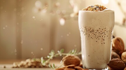 Poster - A glass of milk with nuts on the table