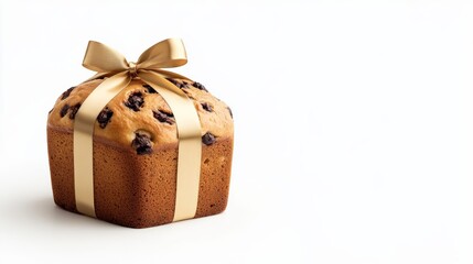 Wall Mural - Panettone with a golden ribbon tied around it, festive presentation, isolated on a white background 