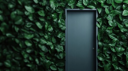 A modern gray door contrasts with a lush green foliage wall, blending natural and man-made elements to create a striking visual combination of architecture and nature.