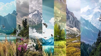 Wall Mural - A series of images of mountains and lakes, with birds flying in the sky