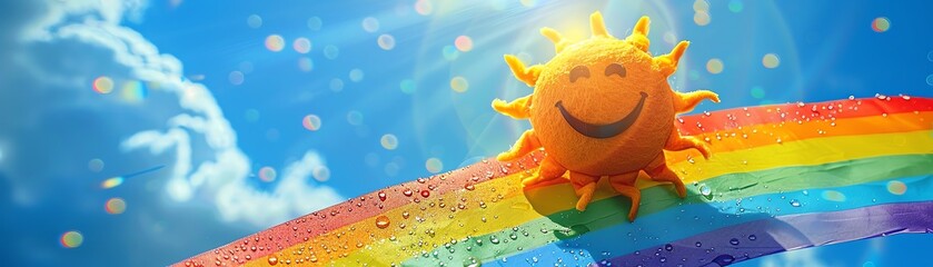 Bright and happy sun with a smiling face over a colorful rainbow in a clear blue sky.