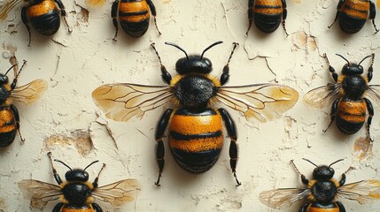 Wall Mural - Bees cluster together against a weathered, textured surface, showcasing nature's beauty