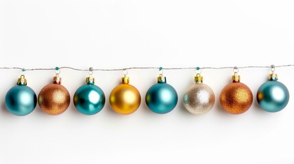 Poster - Wide-angle shot of retro Christmas garlands and icicles in metallic colors isolated on a white background 