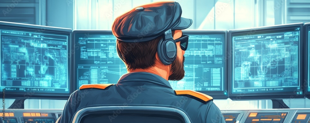 Security officer monitors multiple screens in a modern control room ...