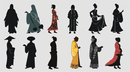 Silhouettes of people in various traditional clothing.