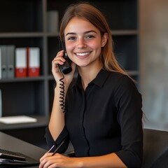 photo for a corporate job ad in accounting. very average, normal and natural looking caucasian, young business woman in a black blouse, sitting on a desk, with a telephone in one hand and a pen on the