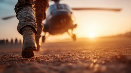 A lone soldier's booted feet stride towards a waiting helicopter at dawn, highlighting the calm before the mission in an open field bathed in warm sunlight.