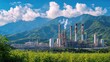 © Oatthapon - A scenic landscape with a natural gas processing plant, featuring multiple cooling towers, flares, and pipelines against a backdrop of lush greenery and mountains under a blue sky